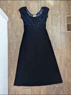 Hugo Buscati Vintage Navy Velvet Spandex Maxi Dress 90s Y2K Medium Scoop Neck